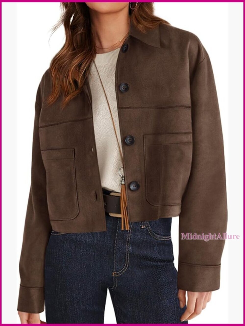 Faux Suede Cropped Jacket Lightweight Relaxed Fit Button Front Patch Pockets